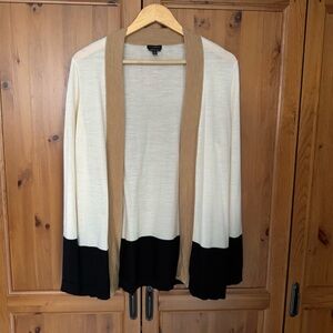 Talbots Cream, Tan, and Black Color Block Cardigan 100% Merino Wool Size L-